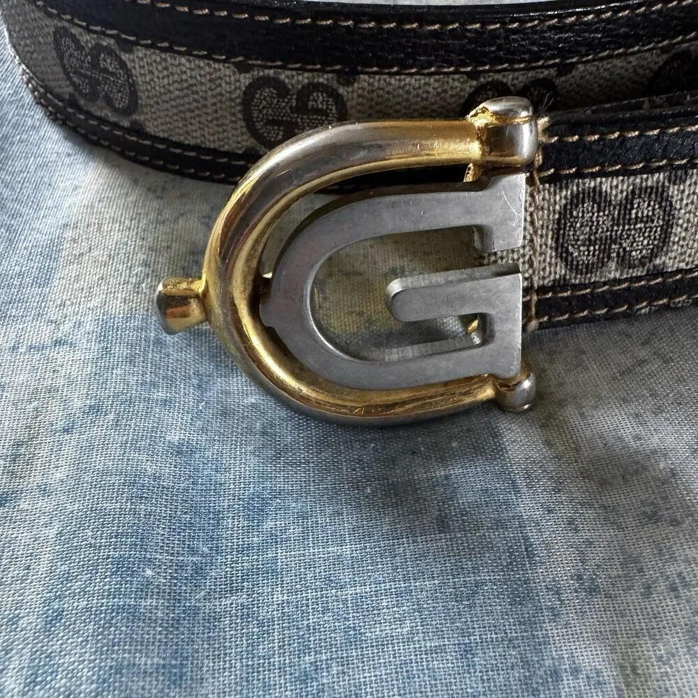 Gucci Dual Metal Monogram GG Leather Vintage Rare Canvas Dark Blue Belt Size 90
